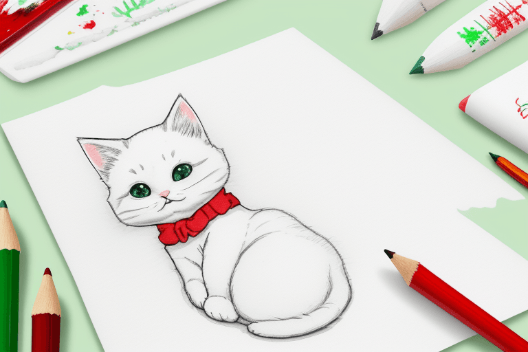 AI generated: Drawing on Christmas writing paper, cute Christmas, for coloring, kitten, cute, baby, Christmas, cut...