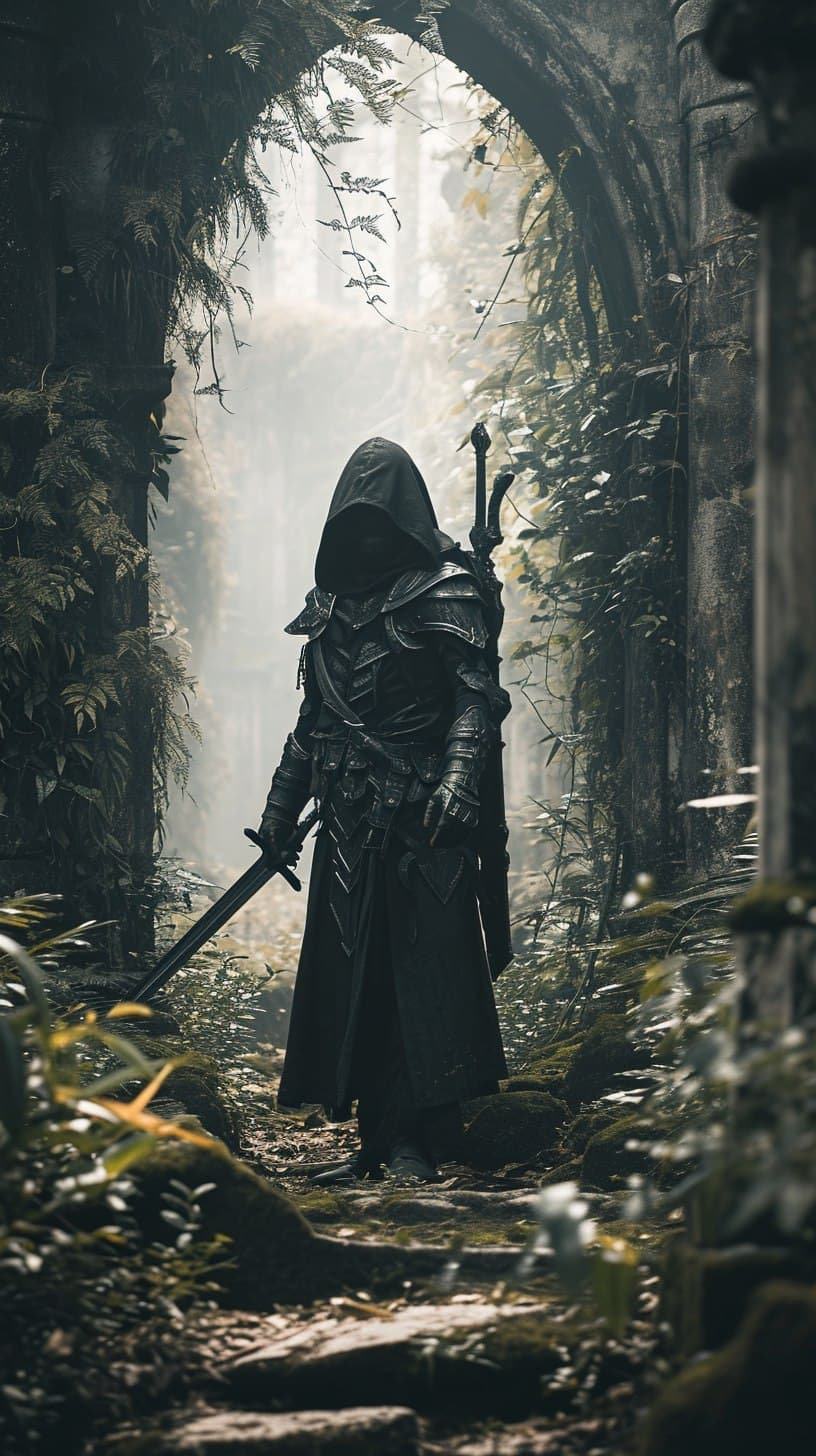 AI generated: The photo shows a figure in dark armor and hood holding a sword and walking through an ancient stone...