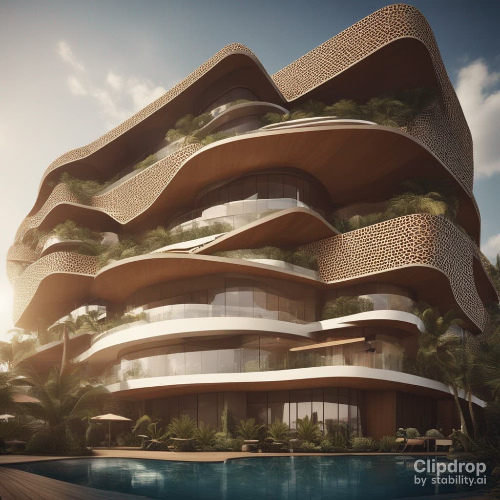 AI generated: Stylish modern building with smooth facade lines design in African patterns:: ultra modern::1 tropic...