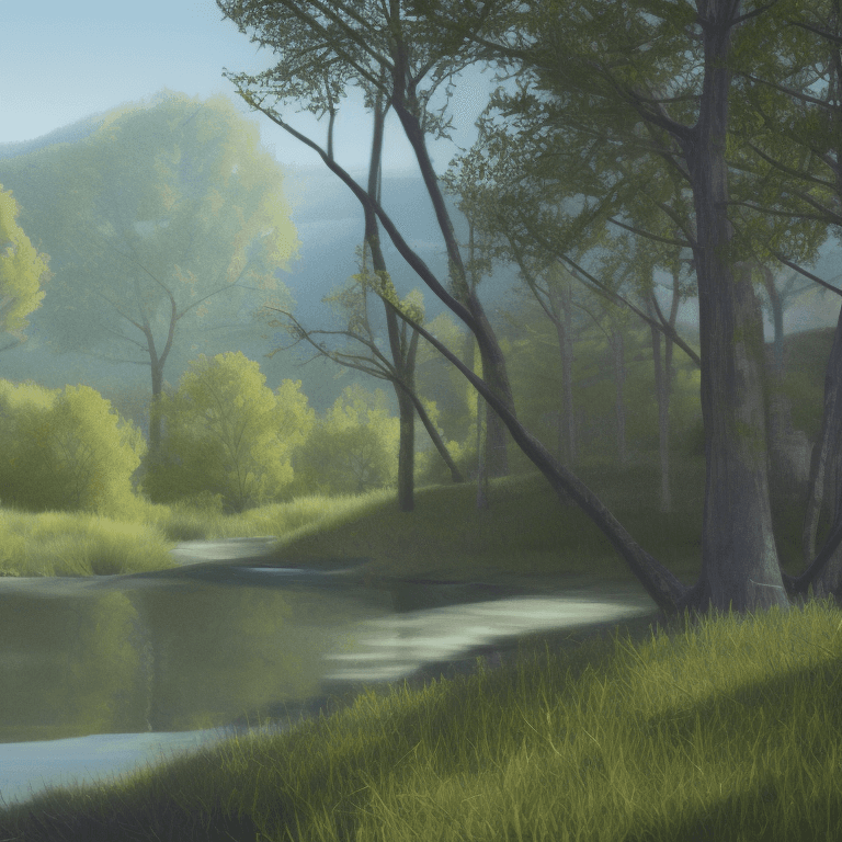 AI generated: photorealistic oil on canvas, 
trees by a river and hill,
faded memories, beautiful setting, 
Foregr...