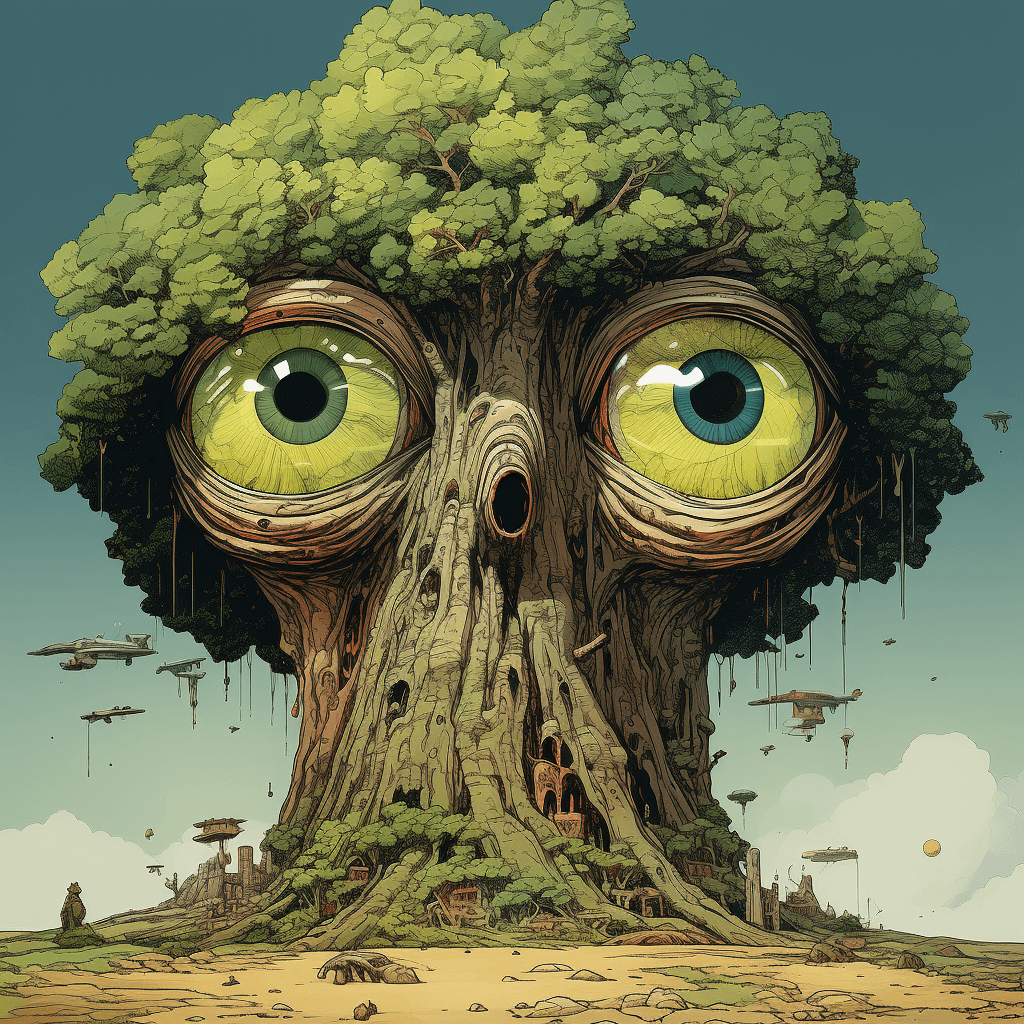 AI generated: cartoon of a funny fir tree with eyes, emphasis in facial expression, character caricatures, moss in...