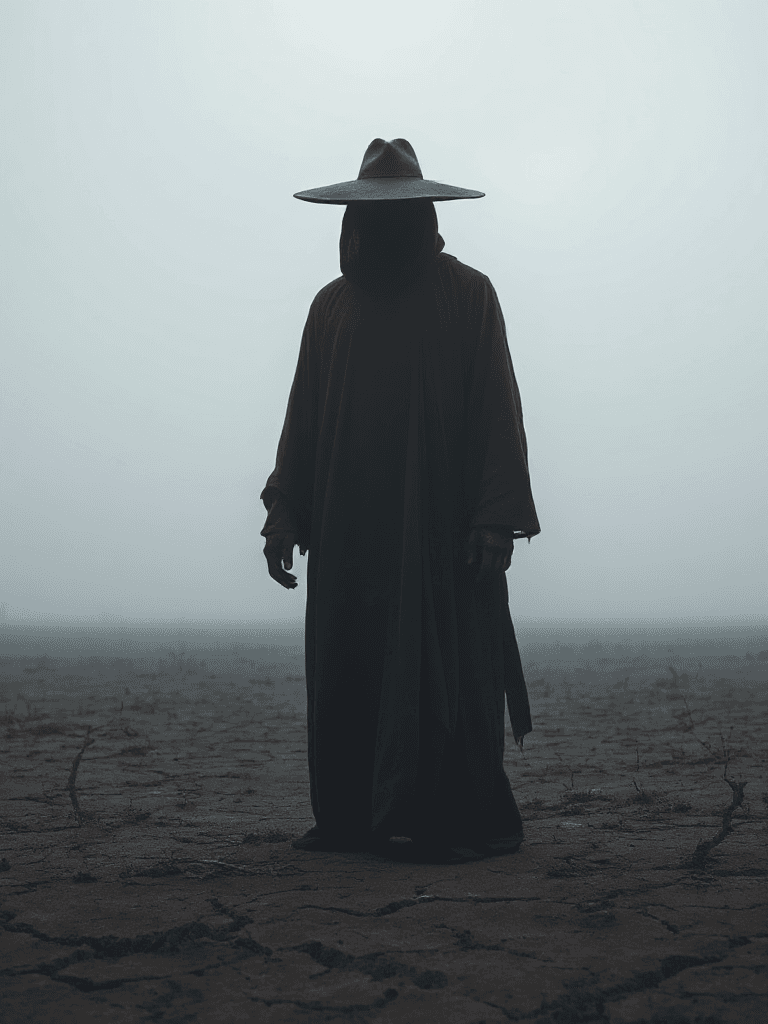 AI generated: A lone, ominous figure stands motionless in a vast, desolate field under a suffocating, overcast sky...