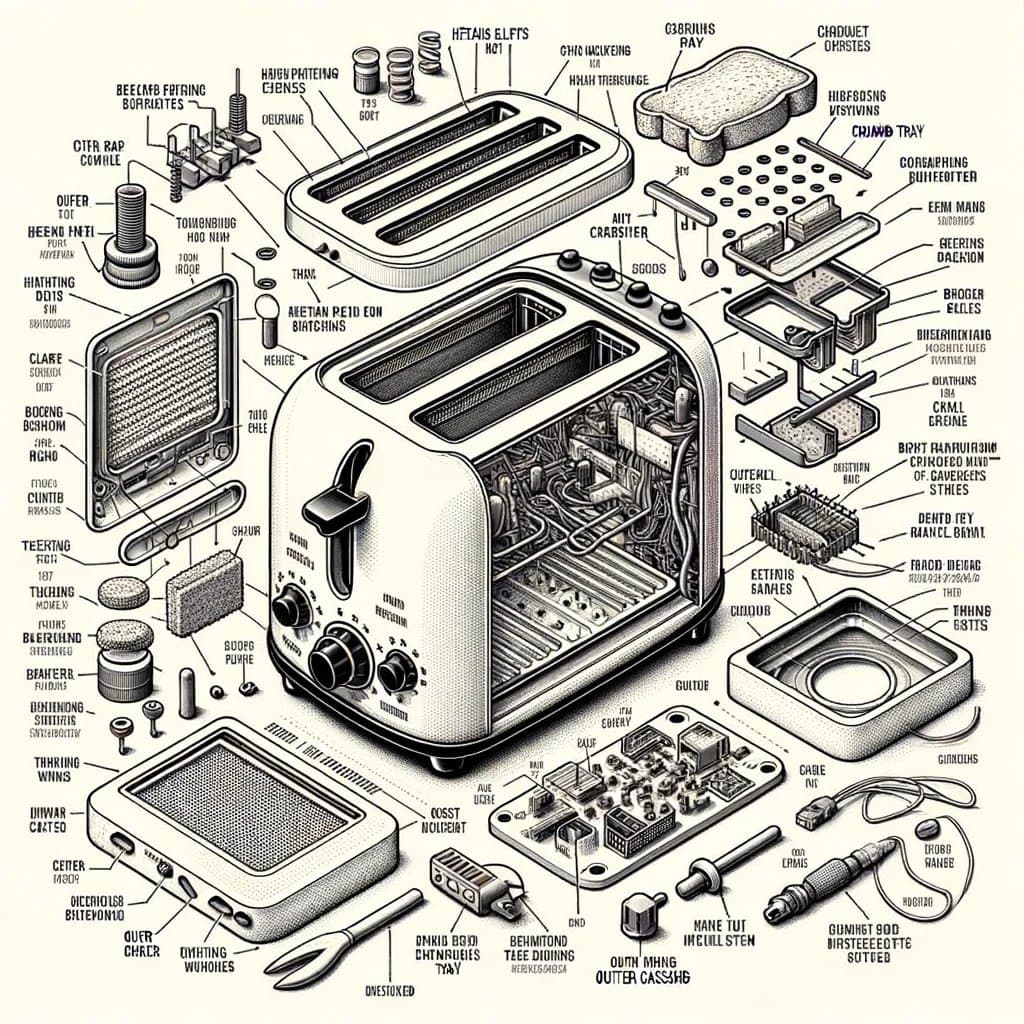 AI generated: Engineering diagram showing an exploded view of a toaster with all its components separated and labe...