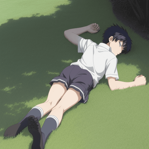 AI generated: A boy from an anime lies on the lawn feeling uncomfortable all over.
