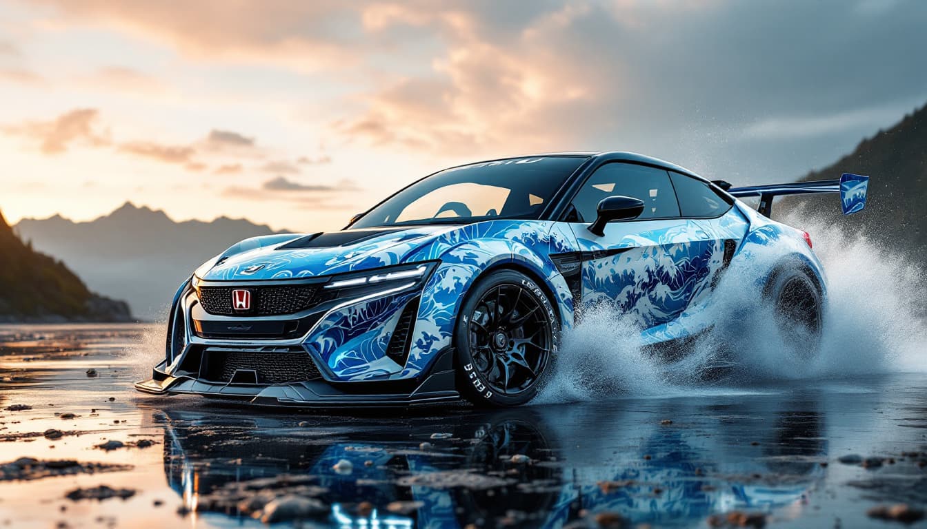 AI generated: Hyper realistic eye level exterior photo of a Honda ZR-V 2024 paint body
  The Great Wave off Kanaga...