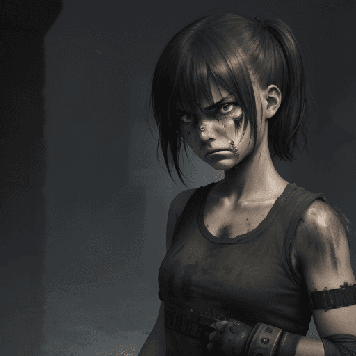AI generated: A combat-style girl with a cut on her arm and a grim, tearful expression, with the scene of a crushi...