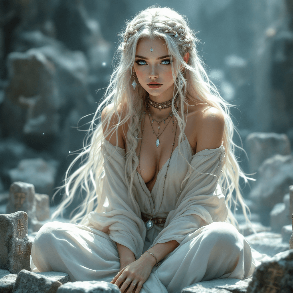 AI generated: 3. The Oracle of the Runestones: An enigmatic seer with long, platinum blonde hair that shimmers lik...