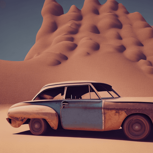 AI generated: Desert wilderness vibes + an old abandoned car semi-buried in sand. Beautiful Instagram photography ...