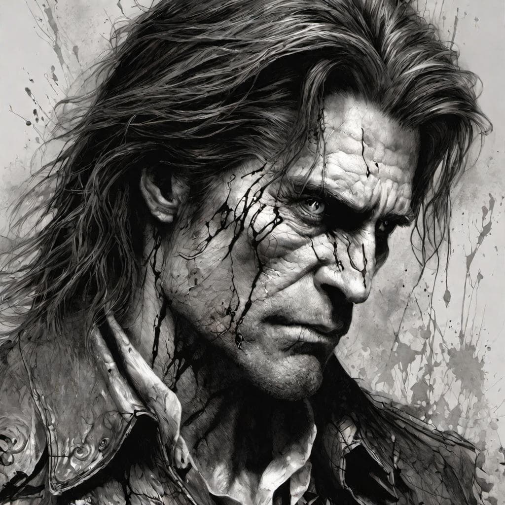AI generated: A black and white Digital Art portrait of a Multiverse Infected Alan Wake, Trapped in a Matrix, visi...