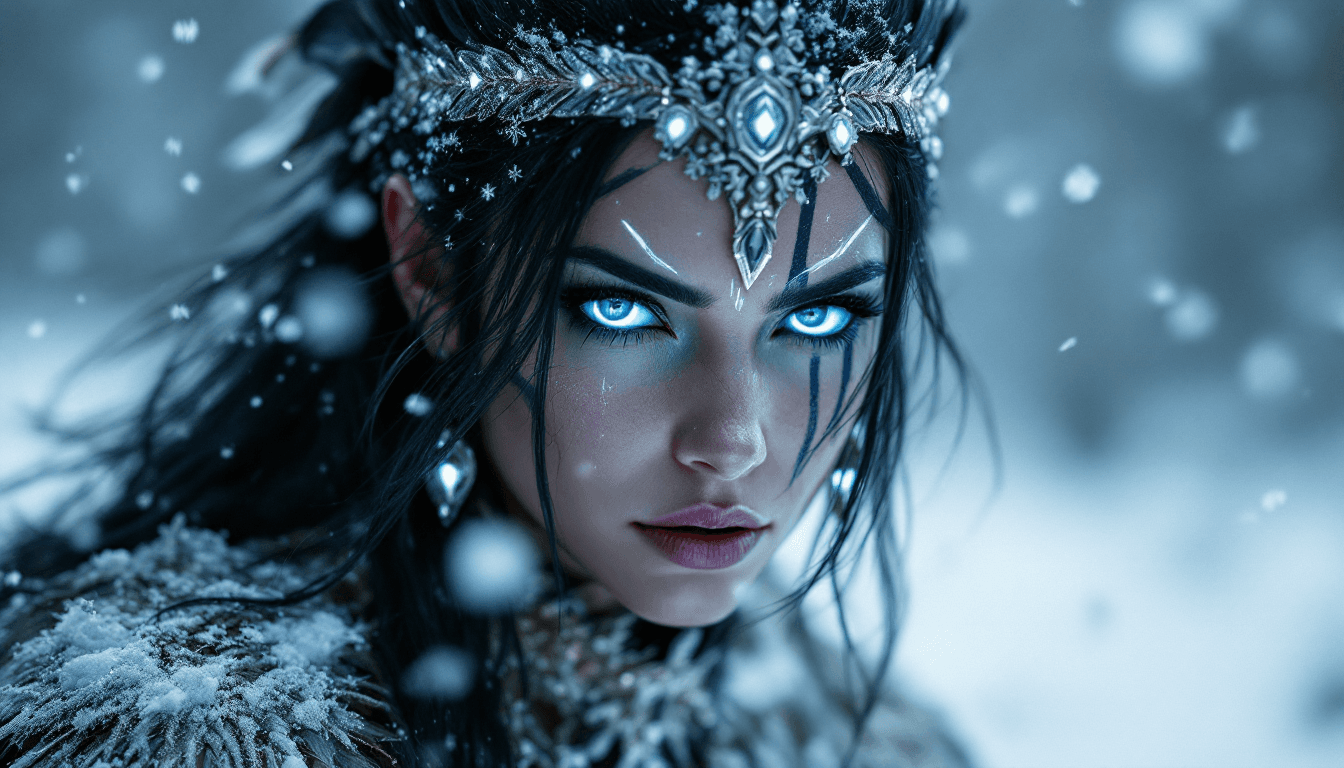 AI generated: A female warrior with dark hair and facial tattoos, wearing a headdress of feathers, full-body portr...