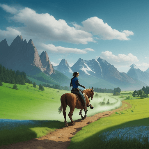 AI generated: Comic book style landscape of a green meadow with mountains in the background and blue sky with big ...