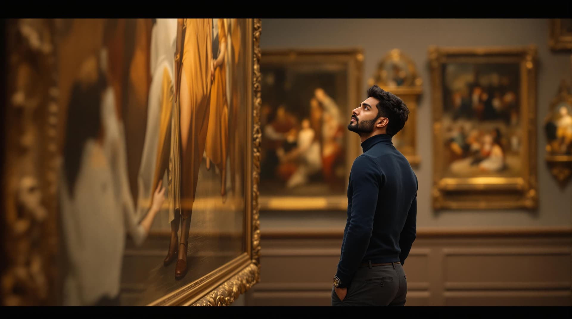 AI generated: (Cinematic UHD, hyper-realistic young Indian man gazing thoughtfully at a large painting, deep navy-...