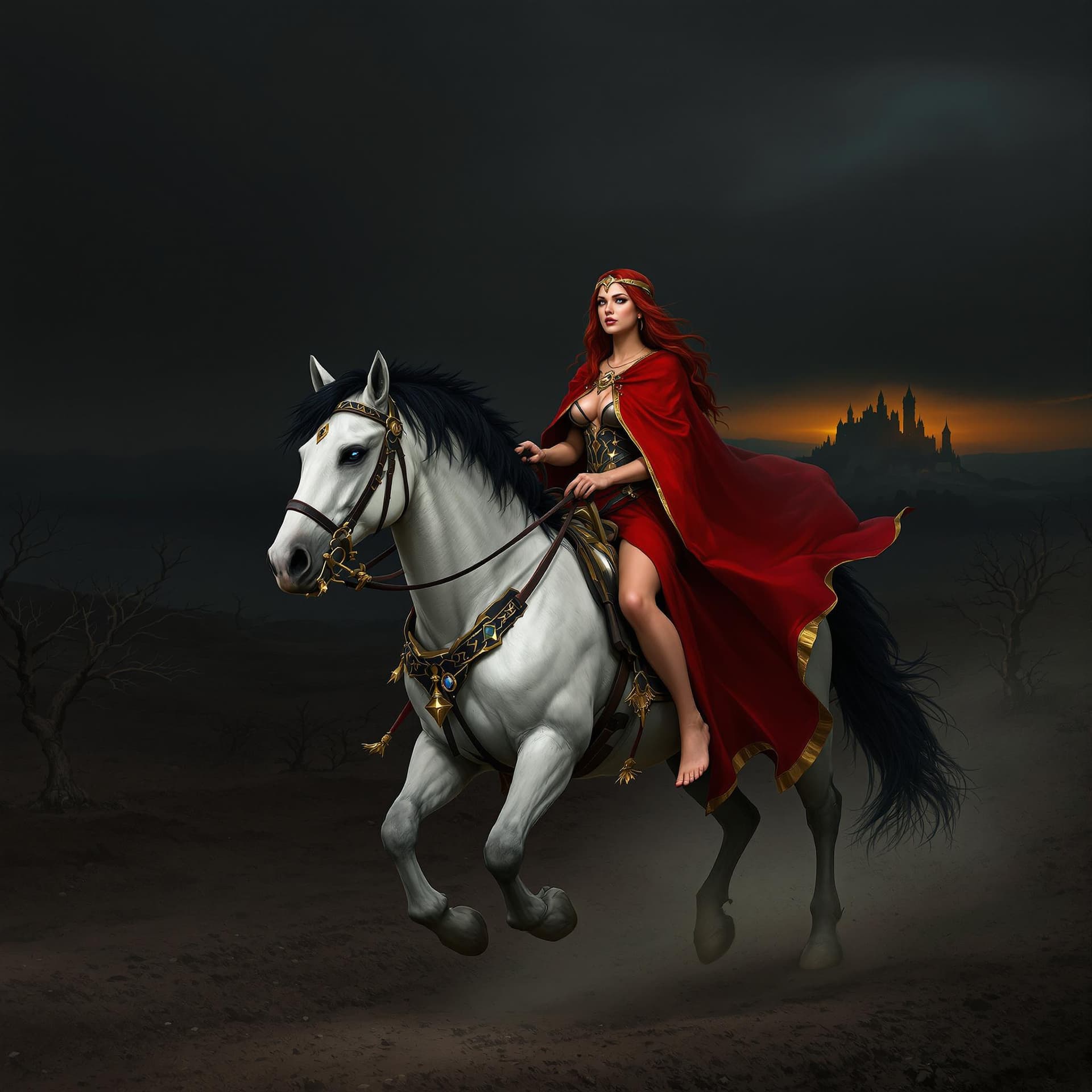 AI generated: a woman in a red cape riding a white horse through a desolate landscape. The woman has long red hair...