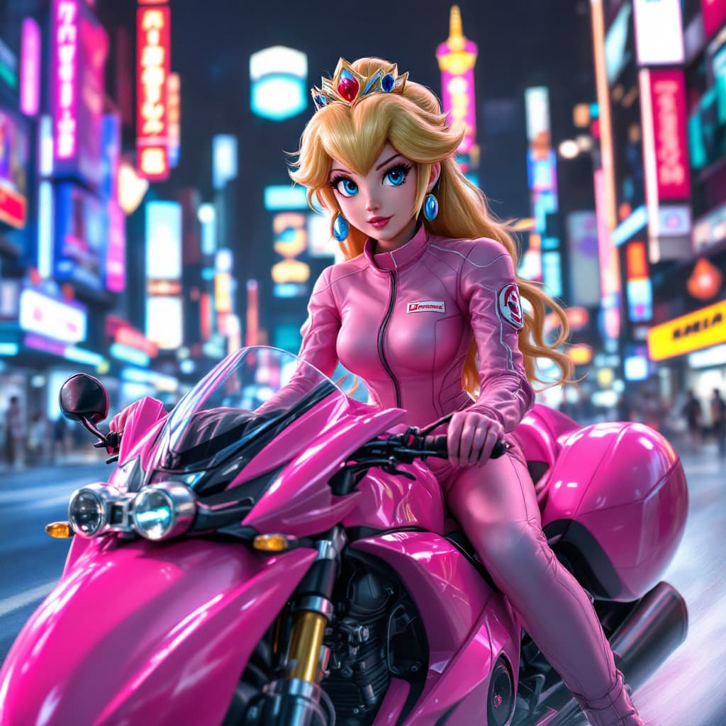AI generated: A stunning, ultra-realistic illustration of Princess Peach on a sleek pink Mario Kart-style racing b...