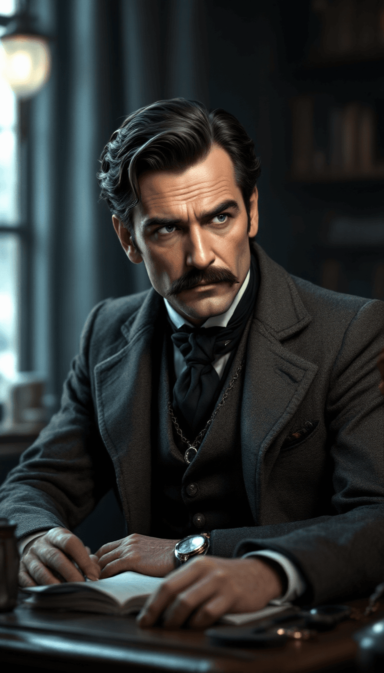 AI generated: Create a highly detailed and realistic 3D avatar of a middle-aged Victorian-era police inspector sat...