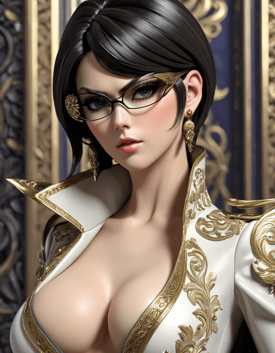 AI generated: NSFW, 3d art style, nude bayonetta, poster pose, portrait, wearing only long coat, perky breasts, in...