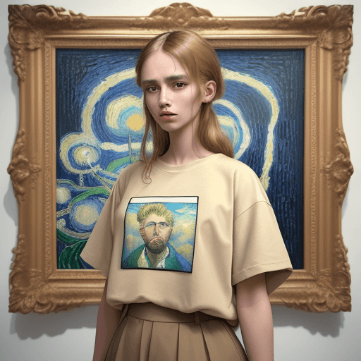 AI generated: In the visual representation, a woman stands against a neutral beige backdrop, the portrait in her b...