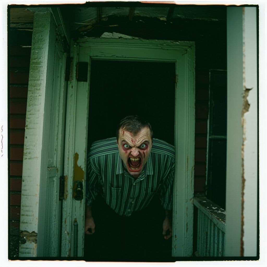 AI generated: grainy 80's photograph quality polaroid of the angriest and creepiest man caught in an abandoned hou...