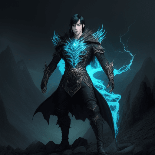 AI generated: 1 man, fantasy style, cool, mountain forest background, aggressive face, black hair, blue glowing ey...