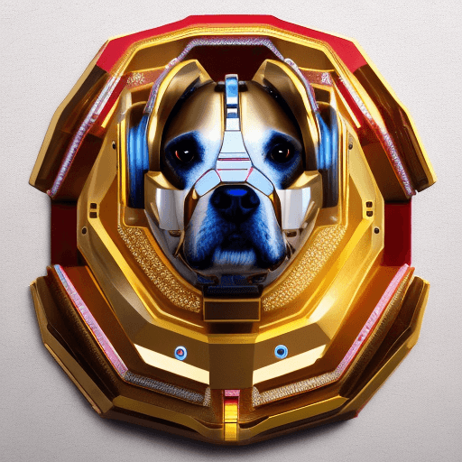 AI generated: an image of dog wearing a "Byte" name locket, portrait, alert pose pose, cyberpunk style, wearing bi...