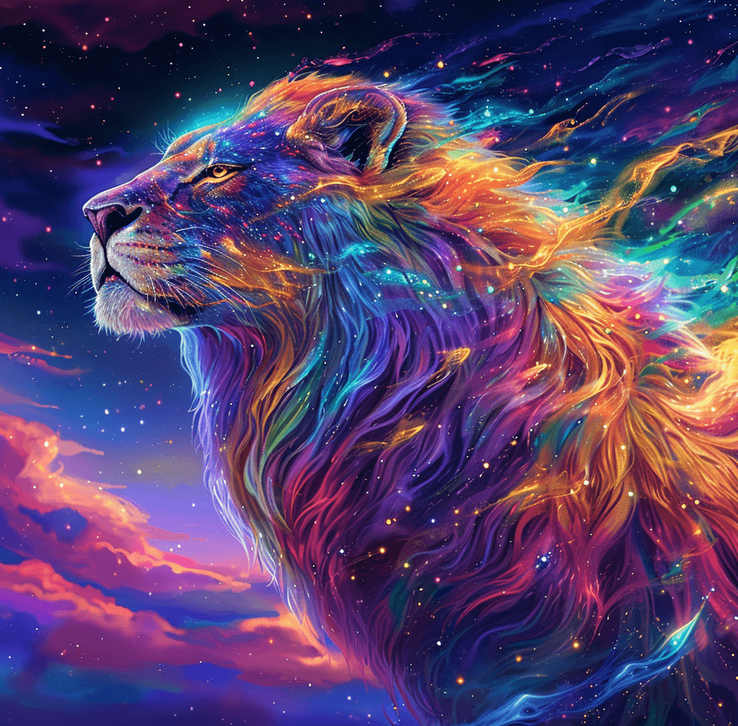 AI generated: the painting of a colorful space lion, in the style of detailed perfection, richly colored skies, gl...