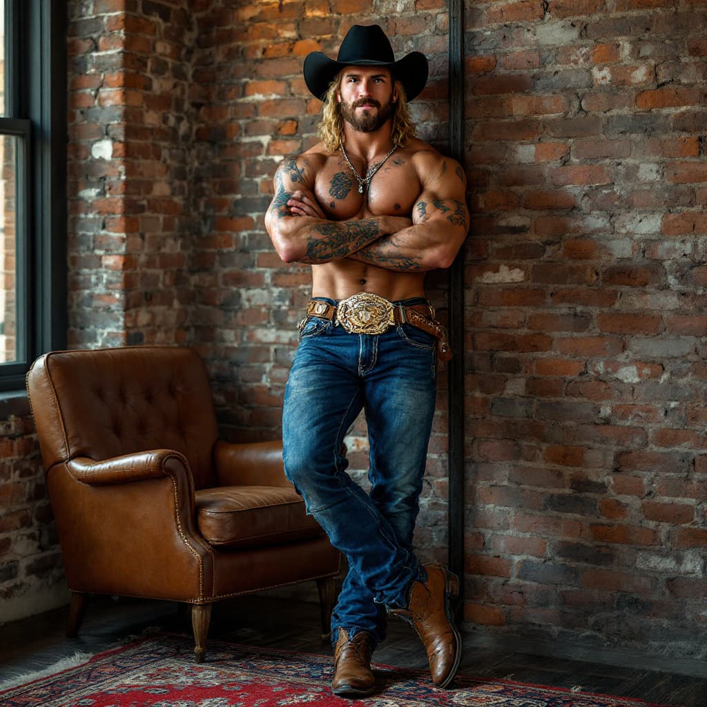 AI generated: Full face on view of whole body, Cowboy looking viewer from across the room leaning on brick wall, o...