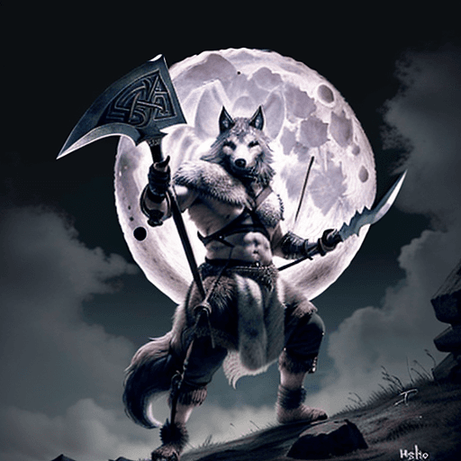 AI generated: a viking wolf wearing a blindfold over its eyes carrying a axe with a full moon behind him, hyper re...