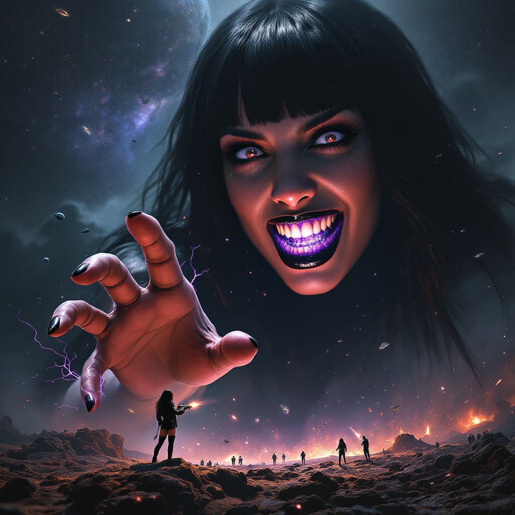 AI generated: enormous giantess female who looks exactly like WWE superstar 
 Rhea Ripley with black medium length...