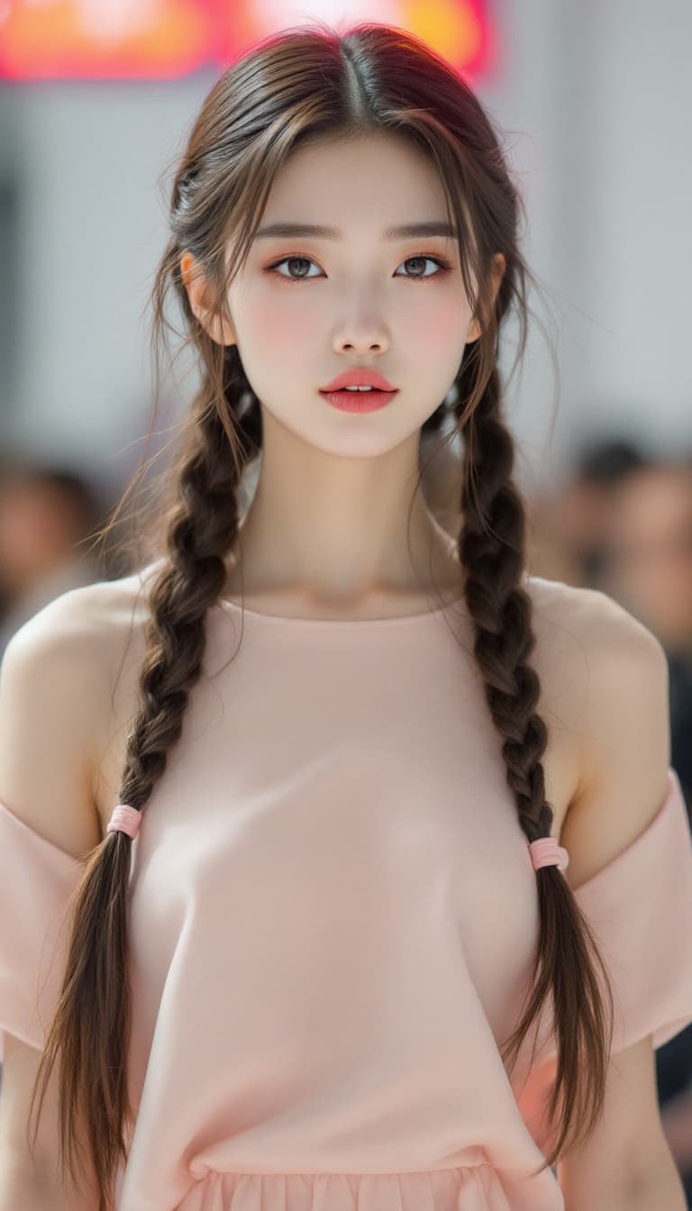 AI generated: Vogue Runway chinese Model with long Pigtails in the style of candycore hair, pale skin and light pi...