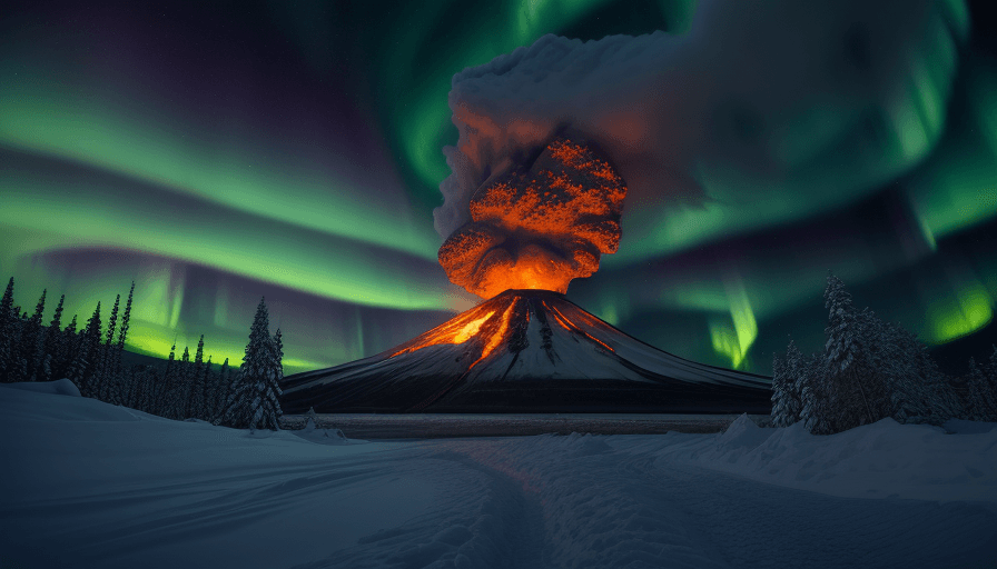 AI generated: Hyperrealistic photo of volcano erupting, in snowy northern landscape, aurora borealis, wide image, ...