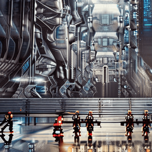AI generated: scifi people standing surrounded by huge sci fi robotic cyborg city with intricate mechancial and sc...