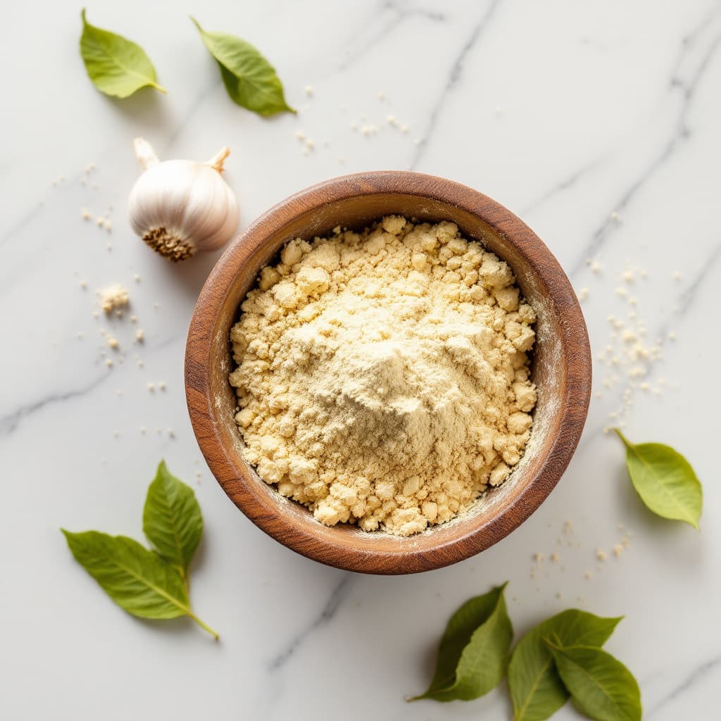 AI generated: garlic powder in a bowl with garlic and curry leaves on the side, on a table, view from straight, th...