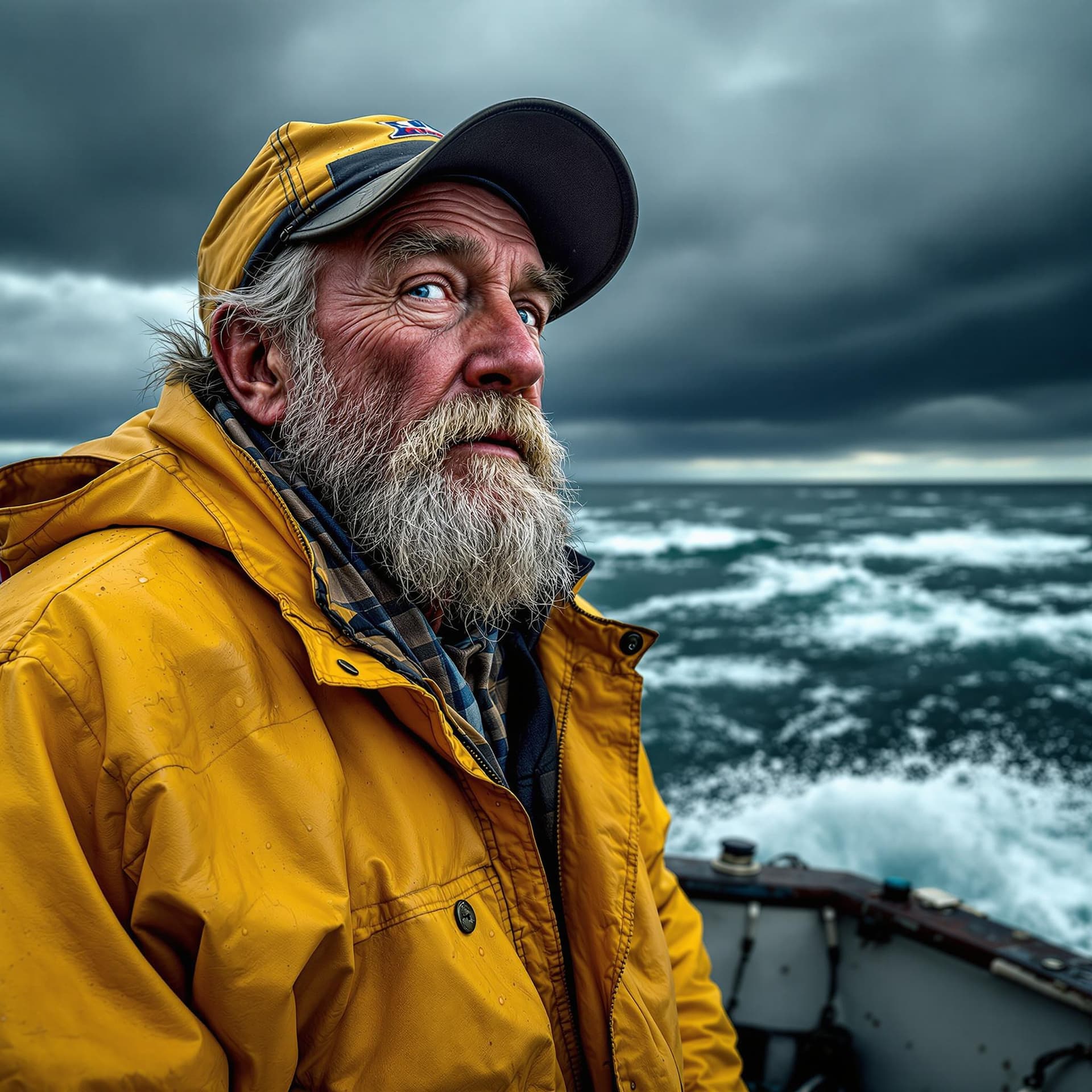 AI generated: A weathered fisherman in his early 60s stands on the deck of his boat, gazing out at a stormy sea. H...