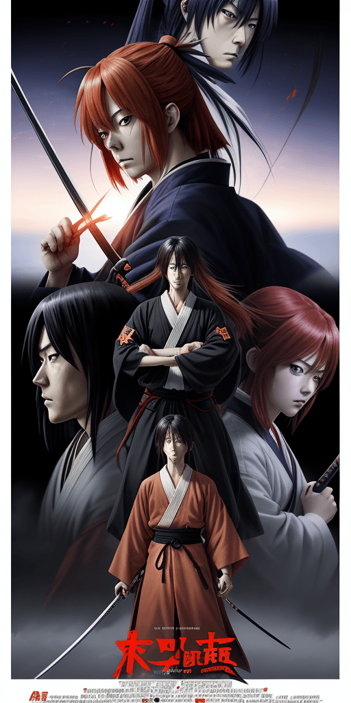 AI generated: anime action movie poster, Himura Kenshin, in the style of Nobuhiro Watsuki --ar 1:2 --stylize 750 -...