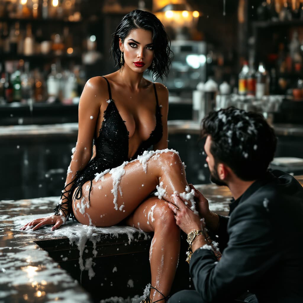 AI generated: Full body Photo of a ultra realistic dominant mature lady sitting at a bar. She is wearing a reveali...