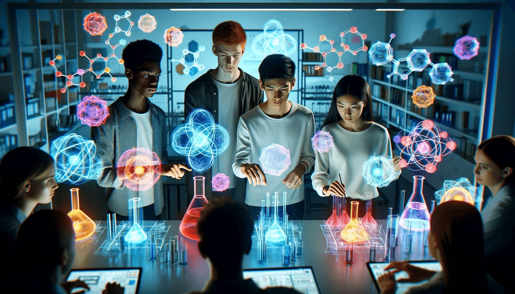 AI generated: A studio-lit chemistry lab with three students, each from different descents: Caucasian, Asian, and ...
