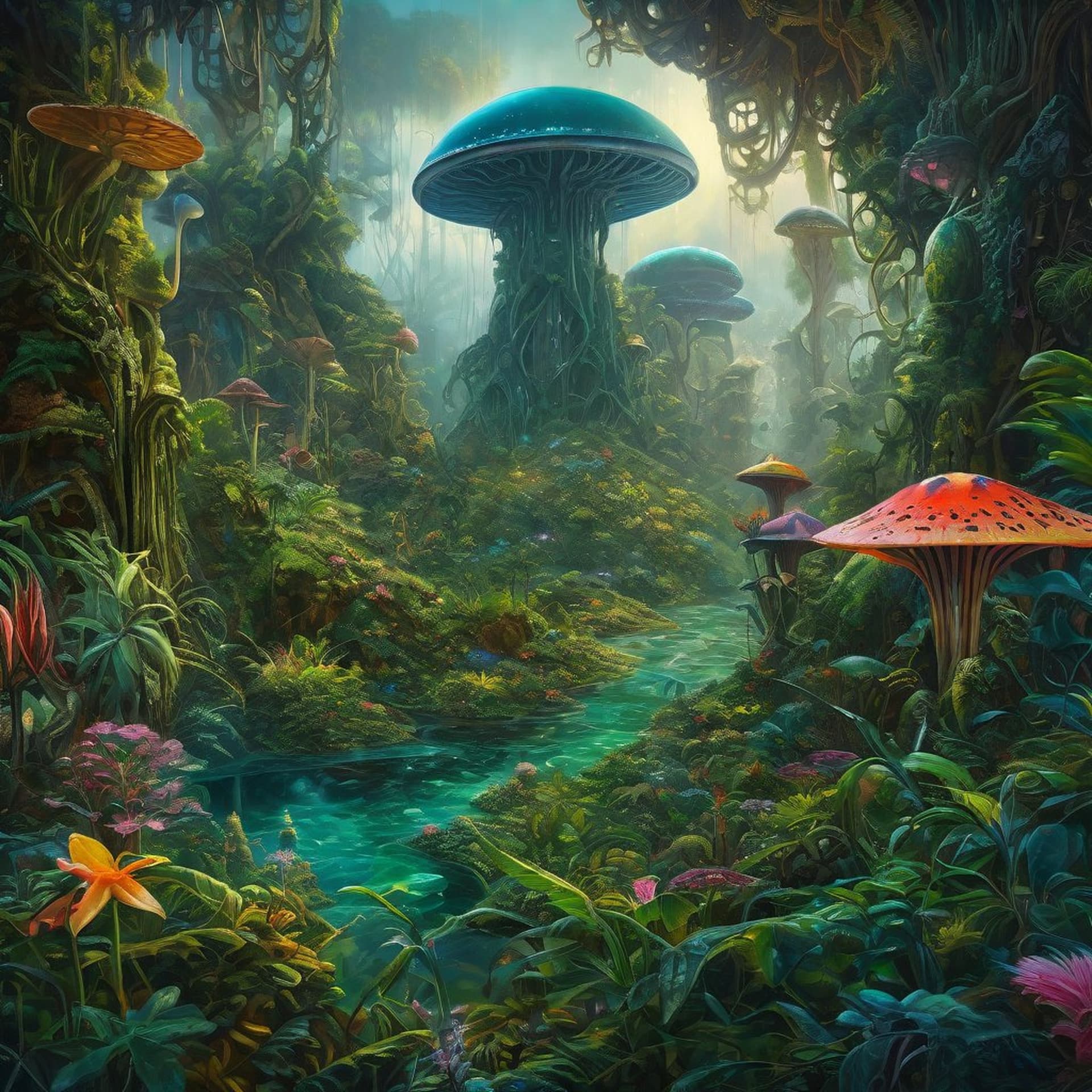 AI generated: a neverending and vast landscape detailed with a variety of alien flora and fauna like a rainforest ...