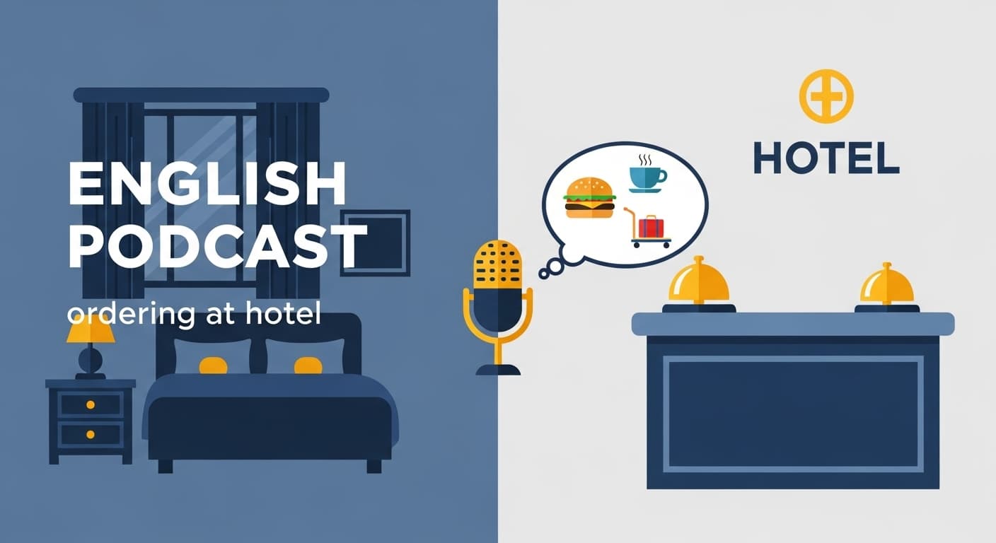 AI generated: 2D flat Youtube thumbnail for english podcast video with title"english podcast" topic about ordering...