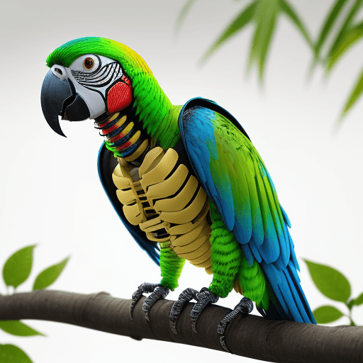 AI generated: Robot parrot with transparent skin, whole body, yellow skeleton, on a branch, photo