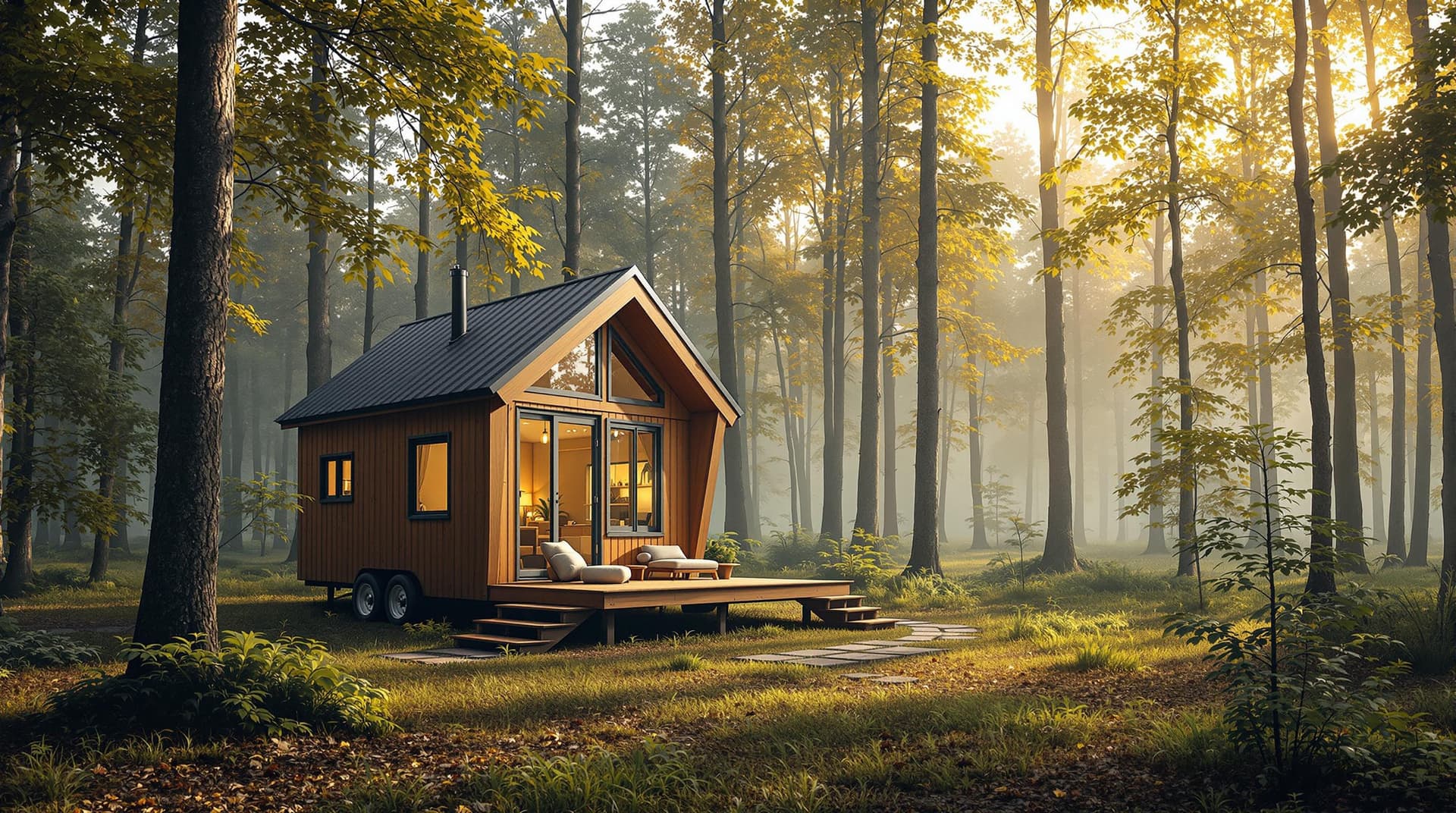 AI generated: A tiny home in a forest setting, surrounded by trees, peaceful and serene, photorealistic.
