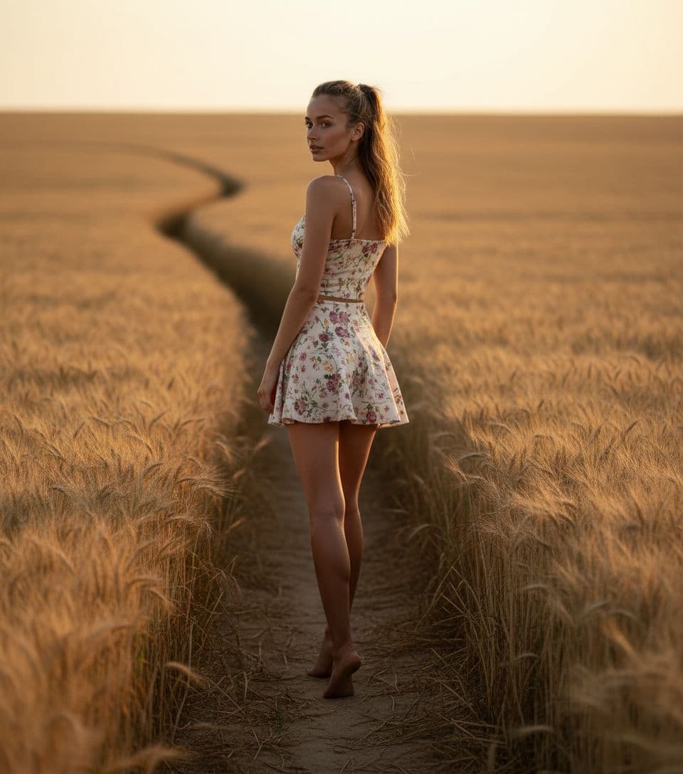 AI generated: A woman, dark blonde hair and a thoughtful expression, pauses on a dirt path in an, field of ripened...