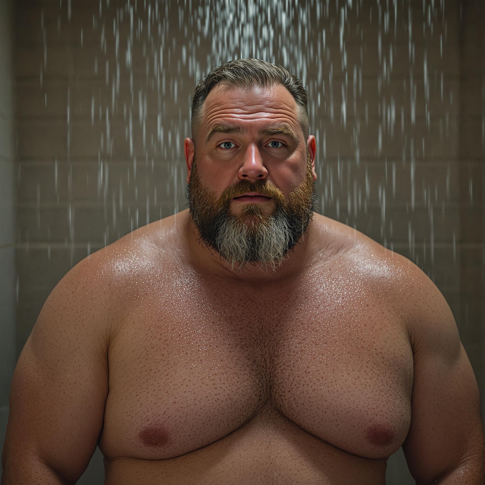 AI generated: a Irish bearded 45 year old, beefy, chubby man, hairy chest, shirtless, in shower, wet body, dynamic...