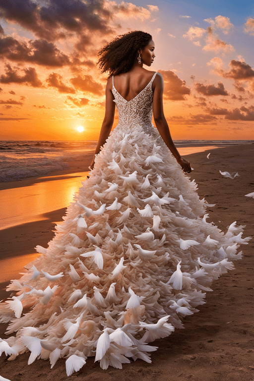 AI generated: Dress made entirely of doves, multiple images in one art, swirling dance, floating in the sky, intri...