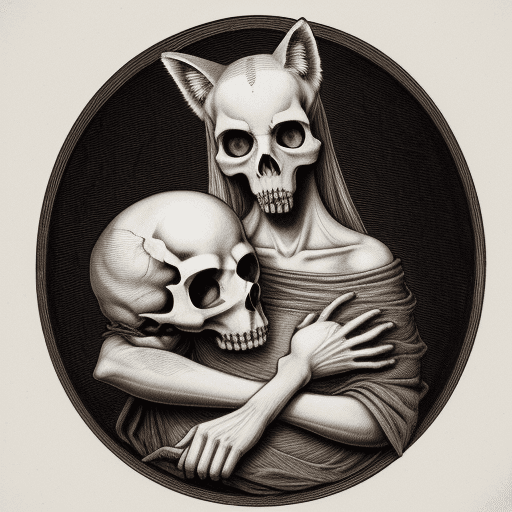 AI generated: A fox holding a human skull, an engraving from the 4th century AD, in the style of William Jonscher ...