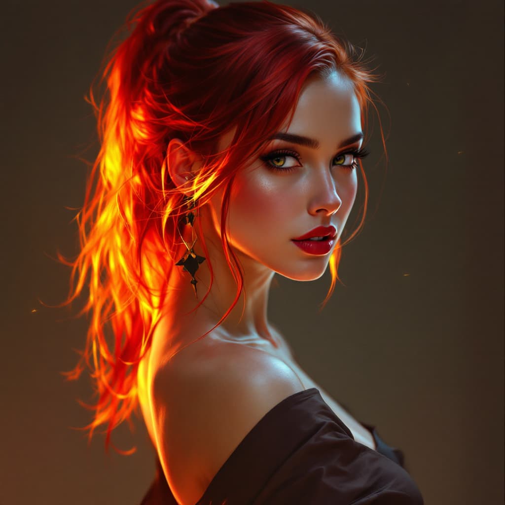 AI generated: A hyperrealistic digital painting of a woman with fiery red hair, olive skin, and a stylish top, glo...