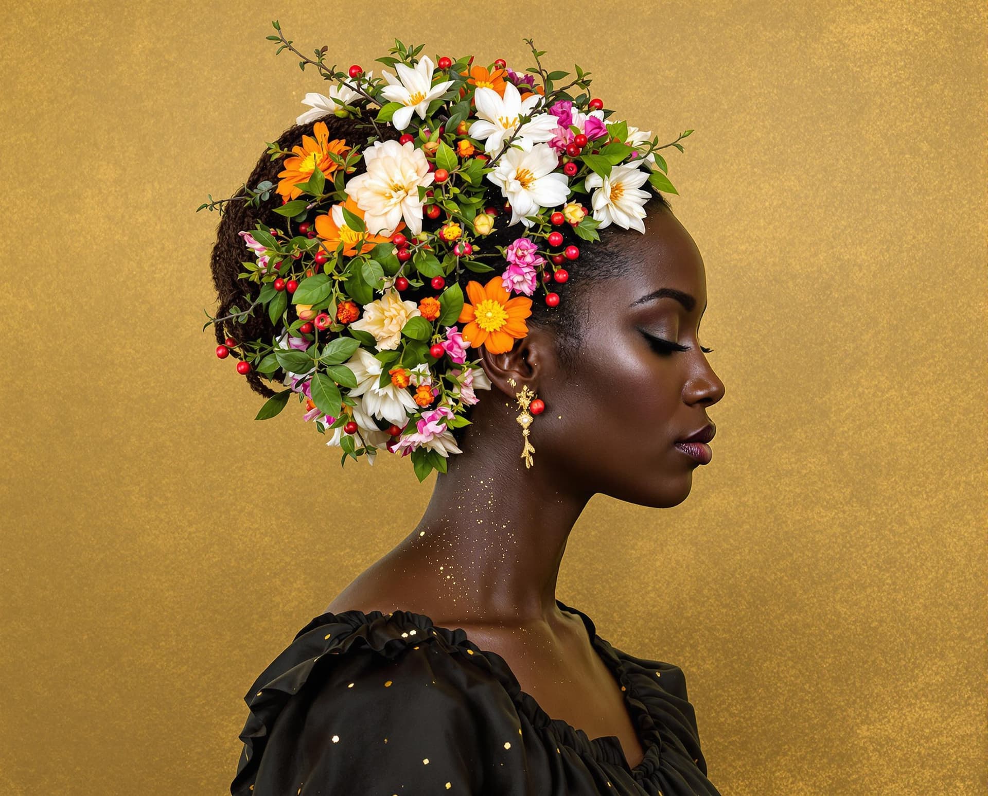 AI generated: A profile portrait of a dark-skinned woman adorned with flowers and branches.

The picture depicts a...