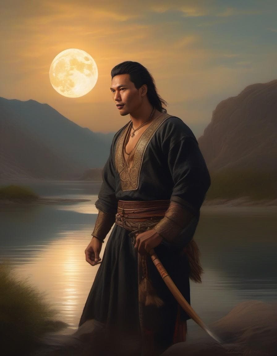 AI generated: close up of 1 man, attractive, of tunisian descent, barbarian sitting by a river, a moonlit night, b...