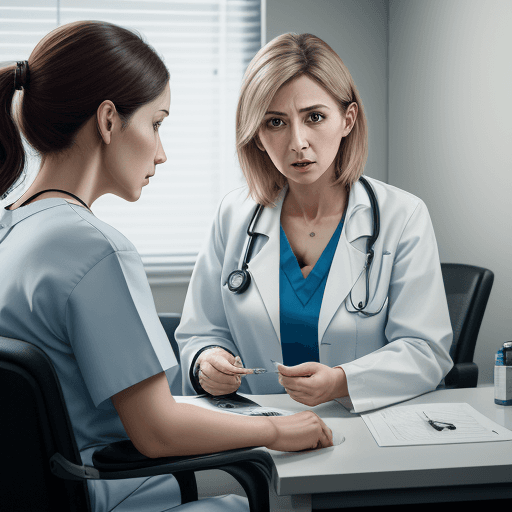 AI generated: photograph of a female doctor giving advice to her patient in medical office, 4k, hyper realistic, e...