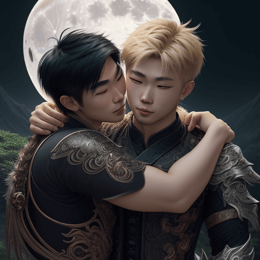 AI generated:  sharp focus, beautiful asian boy and a beastly handsome blonde man, hugging each other as nature in...