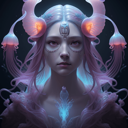AI generated: Goddess close-up portrait ribcagel. jellyfish phoenix head, nautilus, orchid, skull, betta fish, bio...